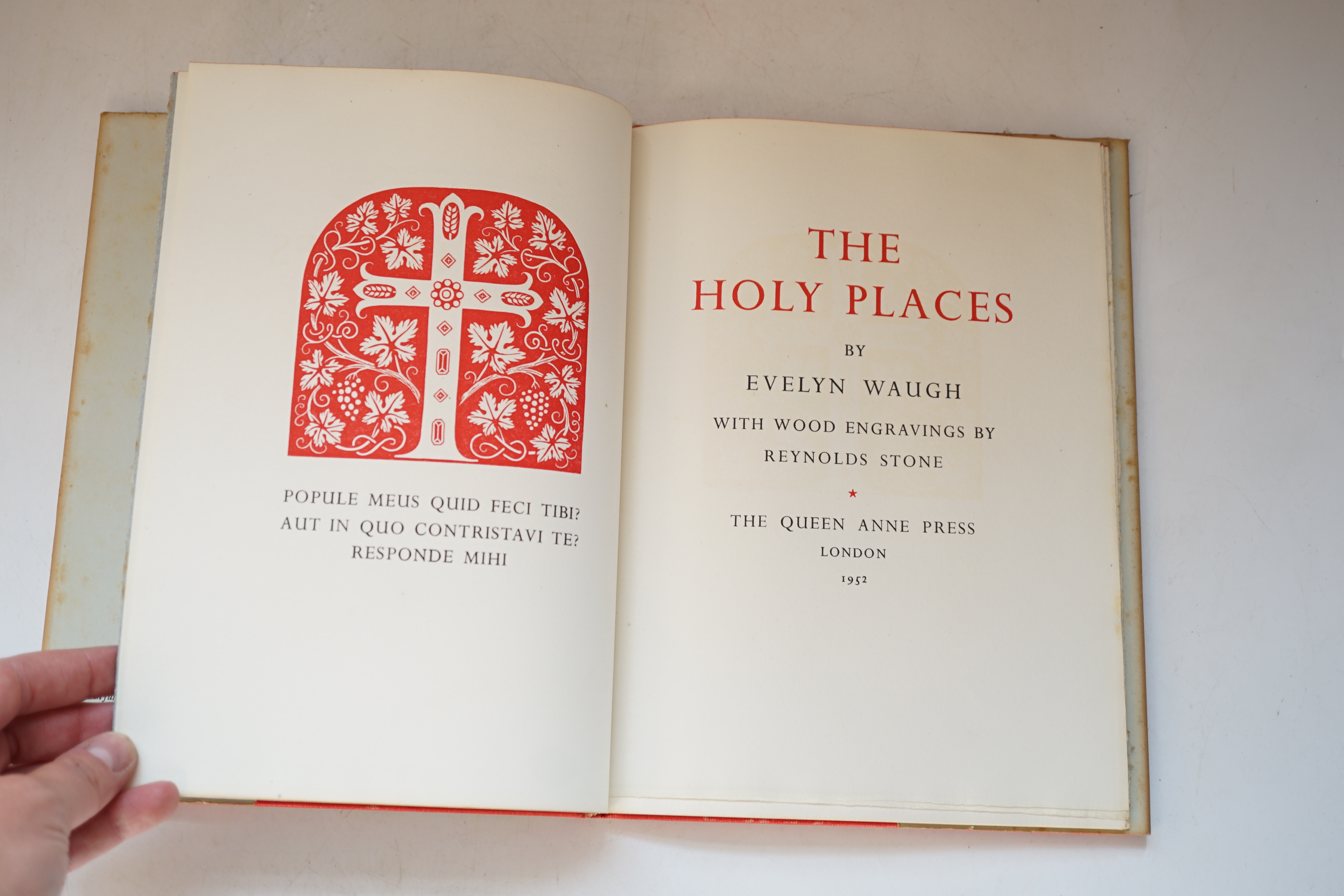 Waugh, Evelyn - The Holy Places, wood engravings by Reynolds Stone, 8vo, original red buckram stamped in gilt, with d/j, limited edition number 276 of 950 copies of Waugh's travelogue of his 1951 visit through Israel and